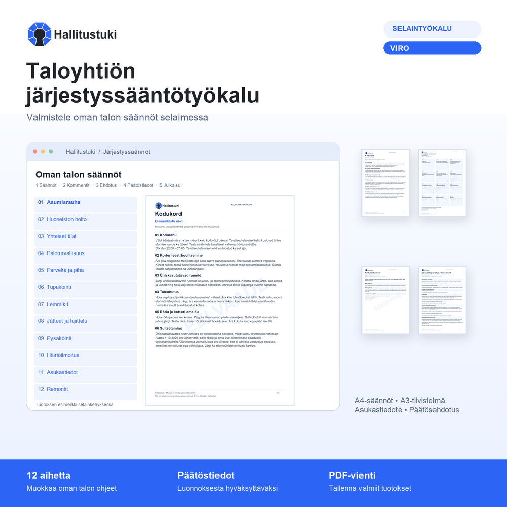 Taloyhtiön järjestyssääntötyökalu – kertajakelu | Viro