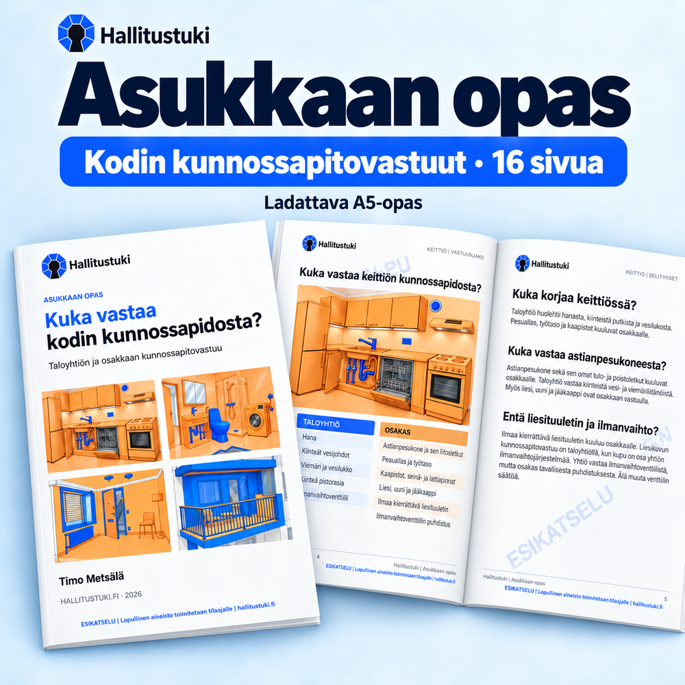Asukkaan opas: 16-sivuinen A5-opas, kansi ja esimerkkiaukeama kodin kunnossapitovastuista.