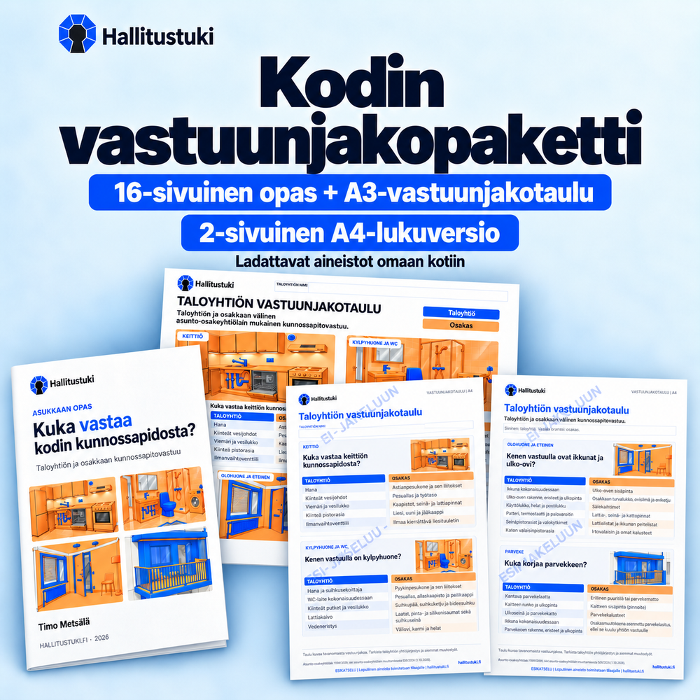 Kodin vastuunjakopaketti: 16-sivuinen opas, A3-vastuunjakotaulu ja 2-sivuinen A4-lukuversio.