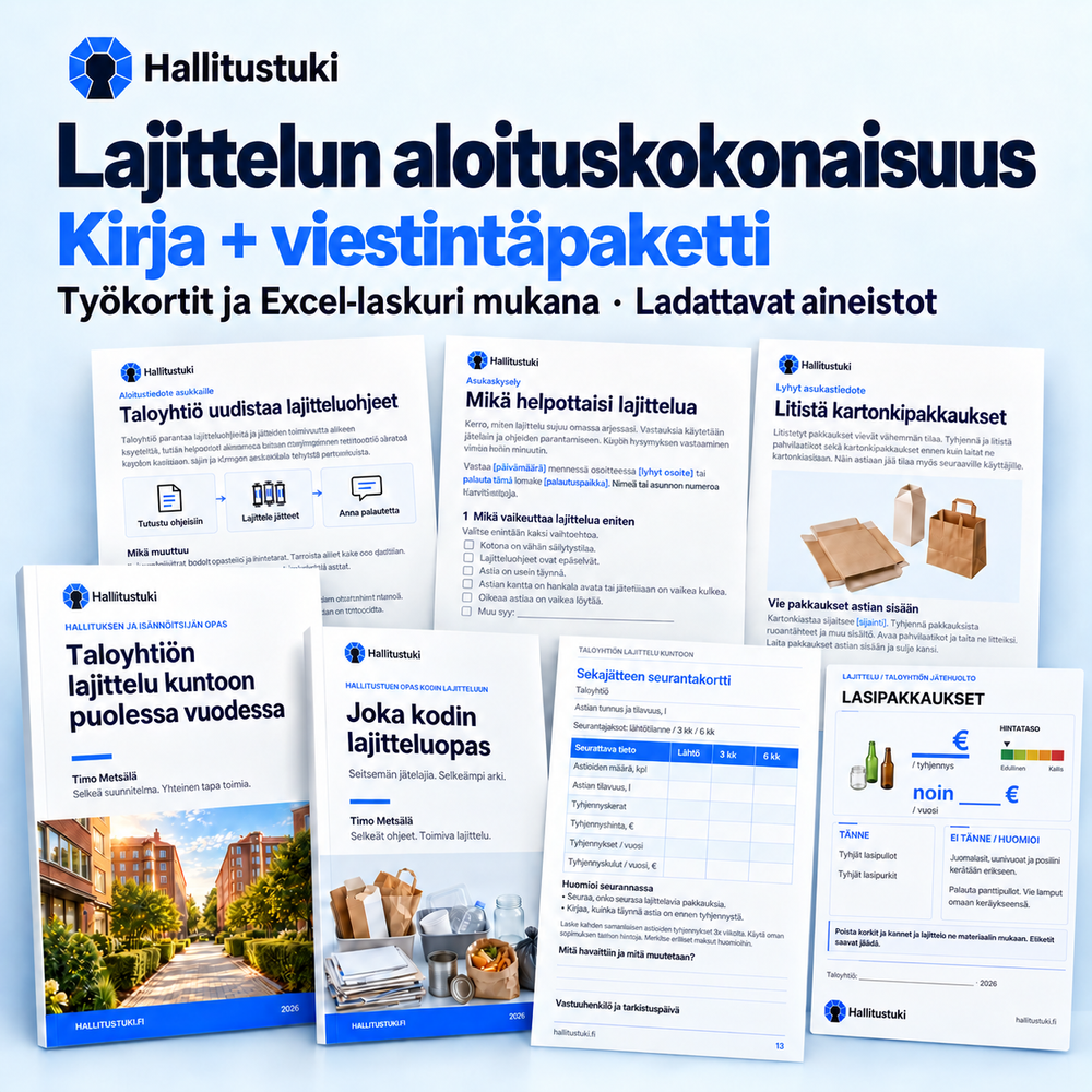 Lajittelun aloituskokonaisuus: hallituksen lajittelukirja, Joka kodin lajitteluopas, useita tiedote- ja kyselypohjia, työkortti sekä kuvallinen lajitteluopaste. Mukana myös Excel-laskuri.