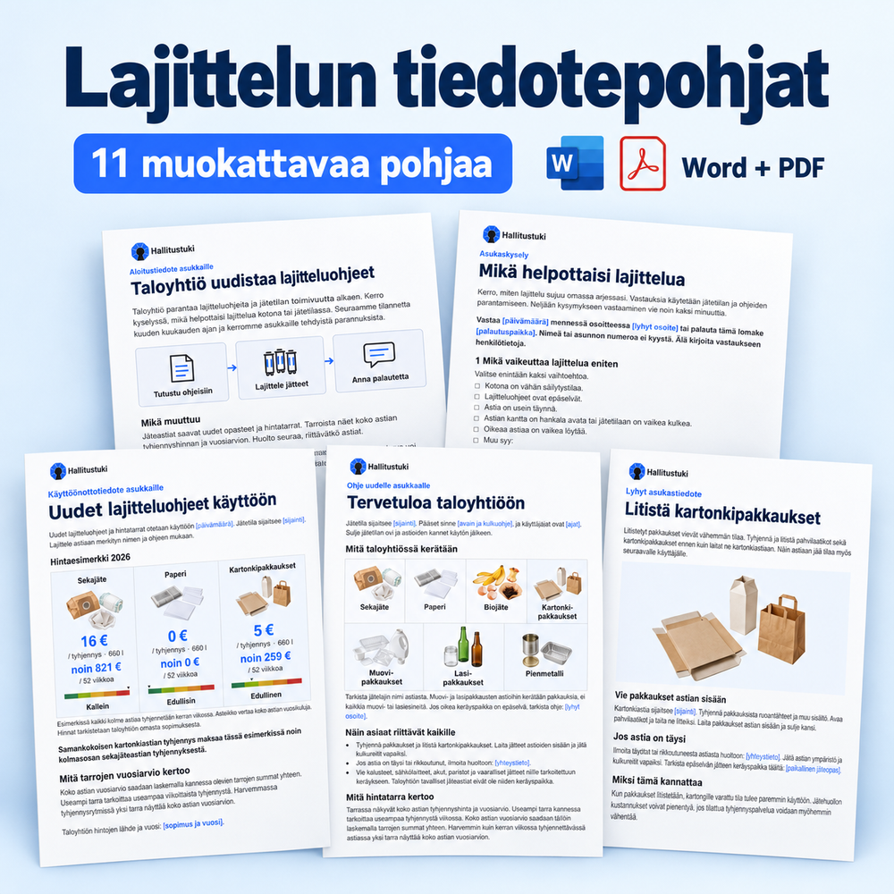 Hallitustuen lajittelun tiedotepohjapaketti: viisi esimerkkisivua, yhteensä 11 muokattavaa tiedote- ja työpohjaa Word- ja PDF-muodossa.