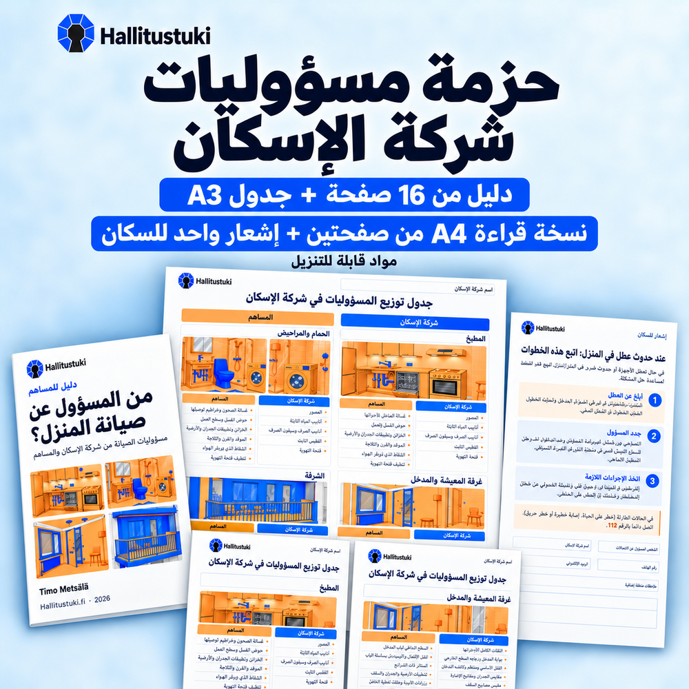 حزمة مسؤوليات شركة الإسكان. دليل من 16 صفحة + جدول A3; نسخة قراءة A4 من صفحتين + إشعار واحد للسكان