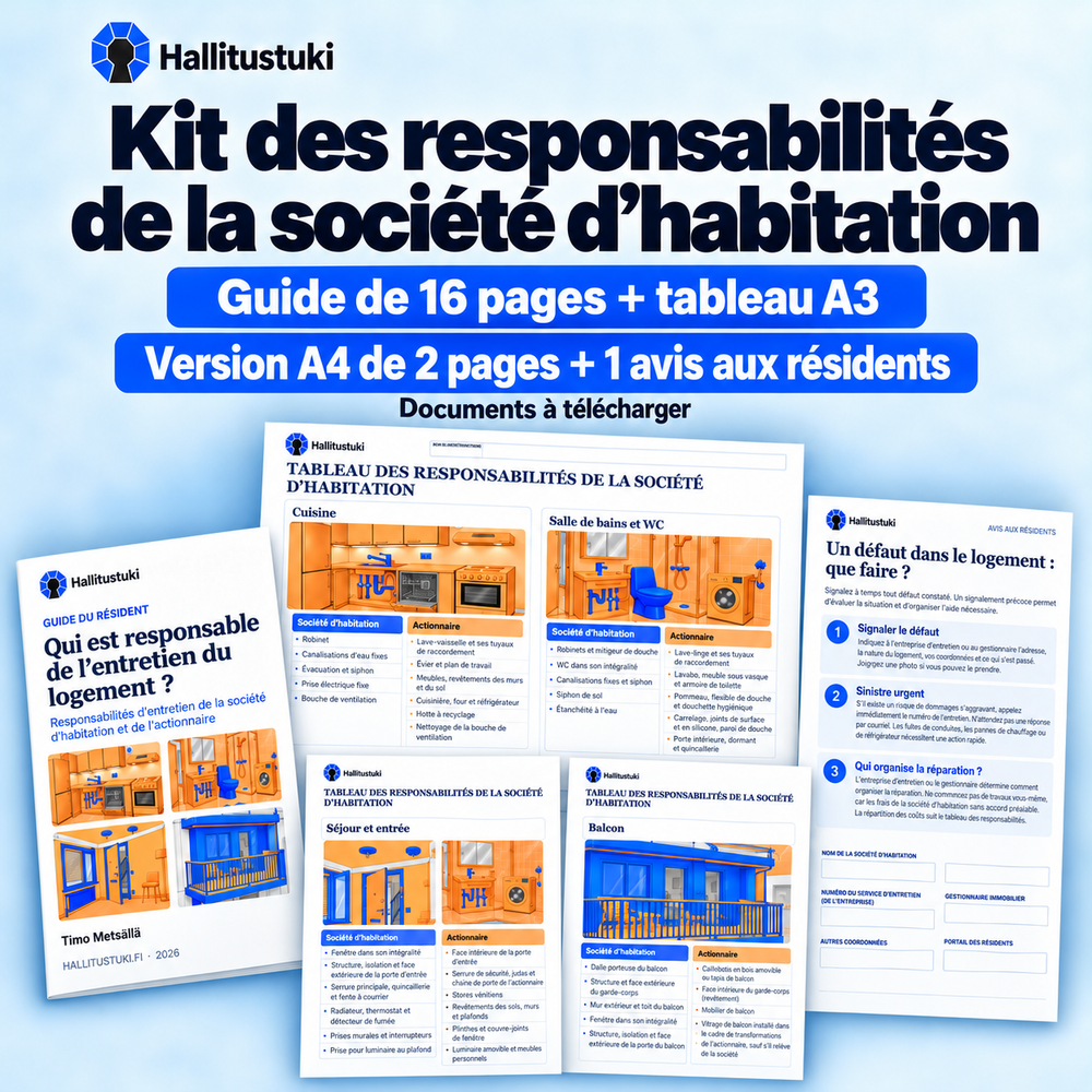 Kit des responsabilités de la société d’habitation. Guide de 16 pages + tableau A3; Version A4 de 2 pages + 1 avis aux résidents