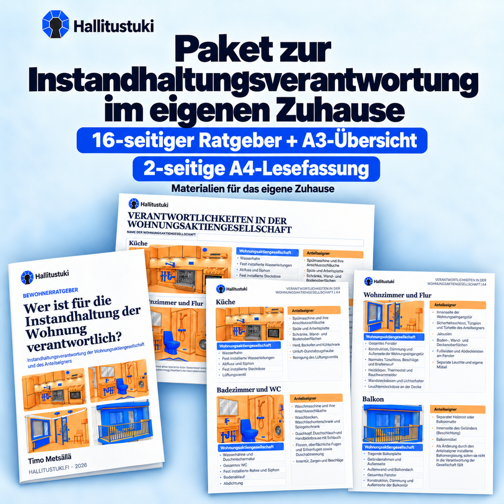 Paket zur Instandhaltungsverantwortung im eigenen Zuhause. 16-seitiger Ratgeber + A3-Übersicht; 2-seitige A4-Lesefassung