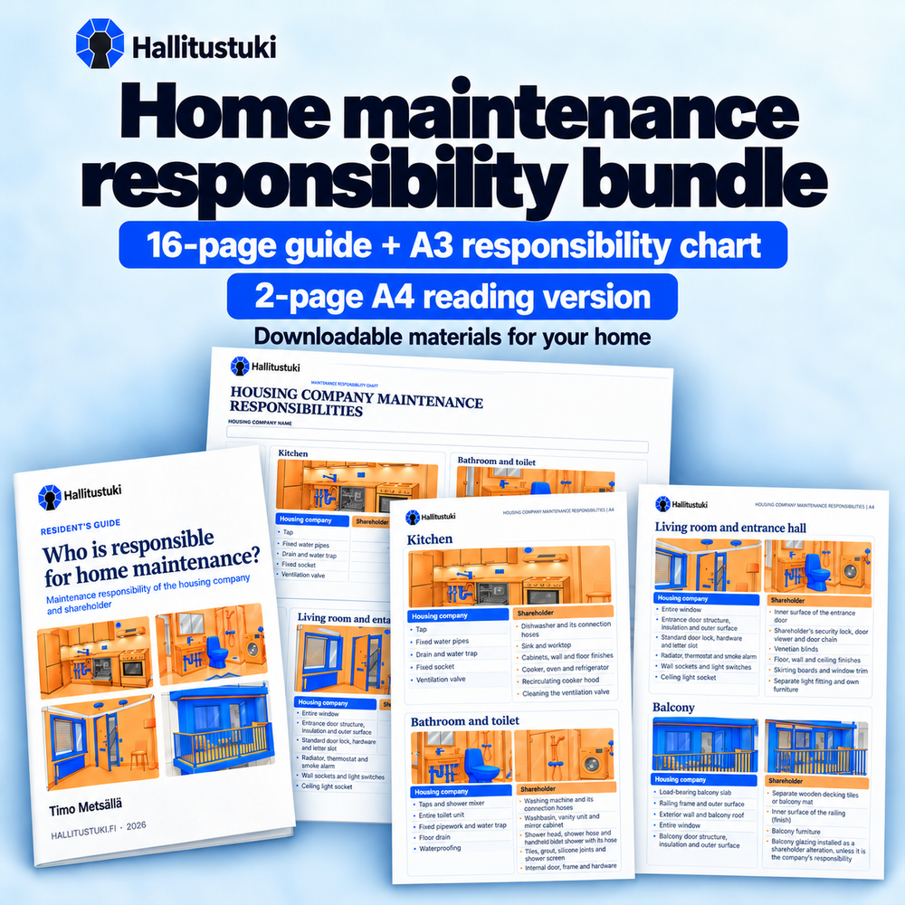 Home maintenance responsibility bundle. 16-page guide + A3 responsibility chart; 2-page A4 reading version