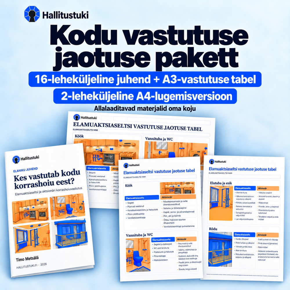 Kodu vastutuse jaotuse pakett. 16-leheküljeline juhend + A3-vastutuse tabel; 2-leheküljeline A4-lugemisversioon