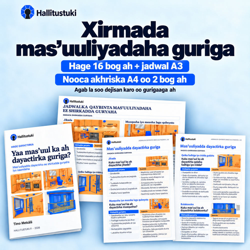 Xirmada mas’uuliyadaha guriga. Hage 16 bog ah + jadwal A3; Nooca akhriska A4 oo 2 bog ah