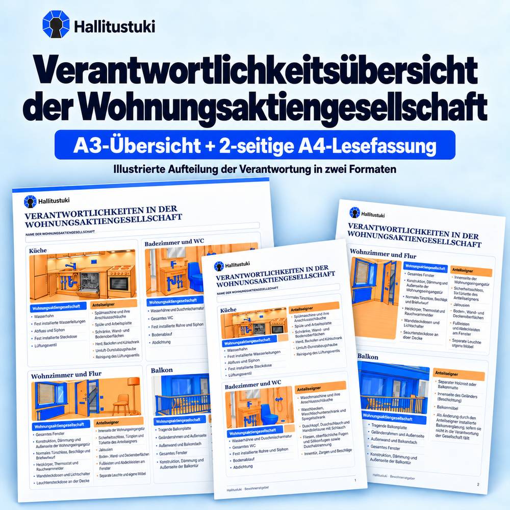 Verantwortlichkeitsübersicht der Wohnungsaktiengesellschaft. A3-Übersicht + 2-seitige A4-Lesefassung; Illustrierte Aufteilung der Verantwortung in zwei Formaten