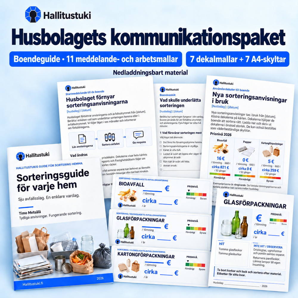 Kommunikationspaket med boendeguide, meddelande- och arbetsmallar, dekalmallar och A4-skyltar.