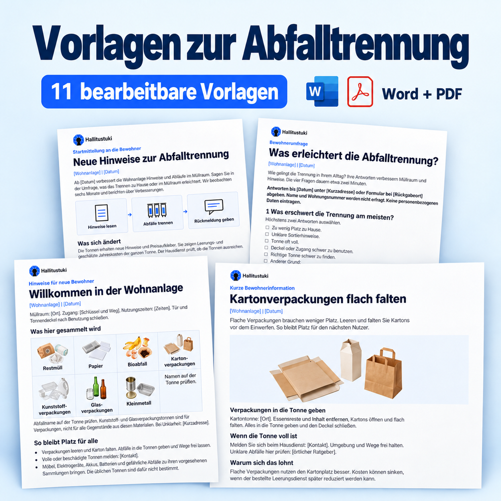 11 bearbeitbare Mitteilungs- und Arbeitsvorlagen zur Abfalltrennung in Word und PDF; mehrere Beispielseiten sind sichtbar.