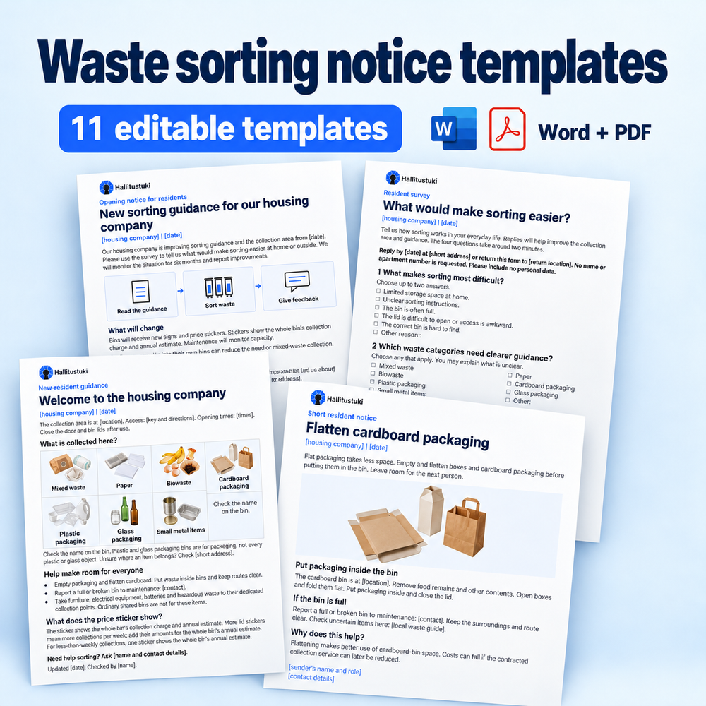 11 editable waste-sorting notice and work templates in Word and PDF; several example pages are shown.