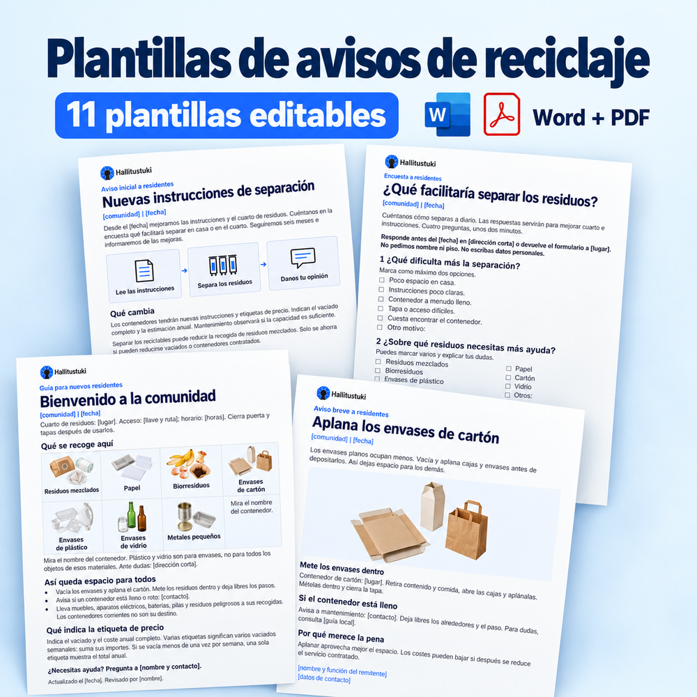 11 plantillas editables de avisos y fichas de trabajo sobre reciclaje en Word y PDF; se muestran varios ejemplos.