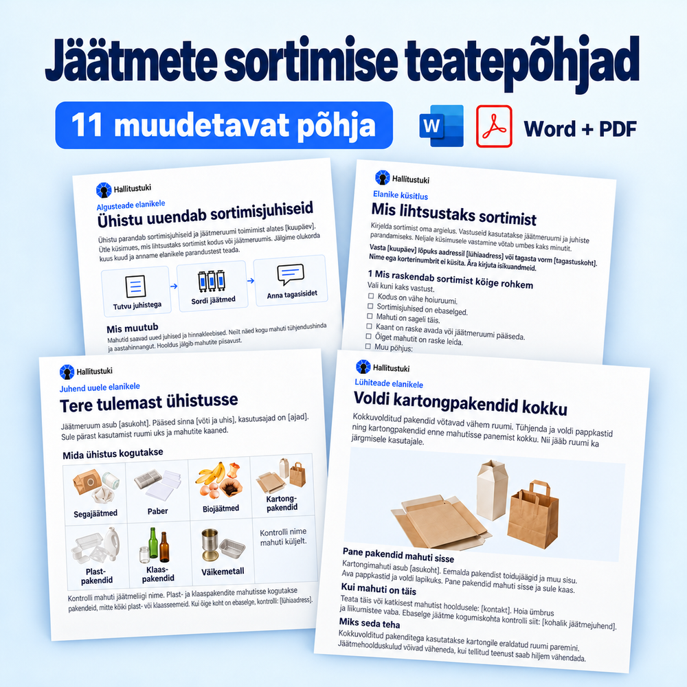 11 muudetavat jäätmete sortimise teate- ja tööpõhja Wordi ning PDF-vormingus; näidatud on mitu näidislehte.