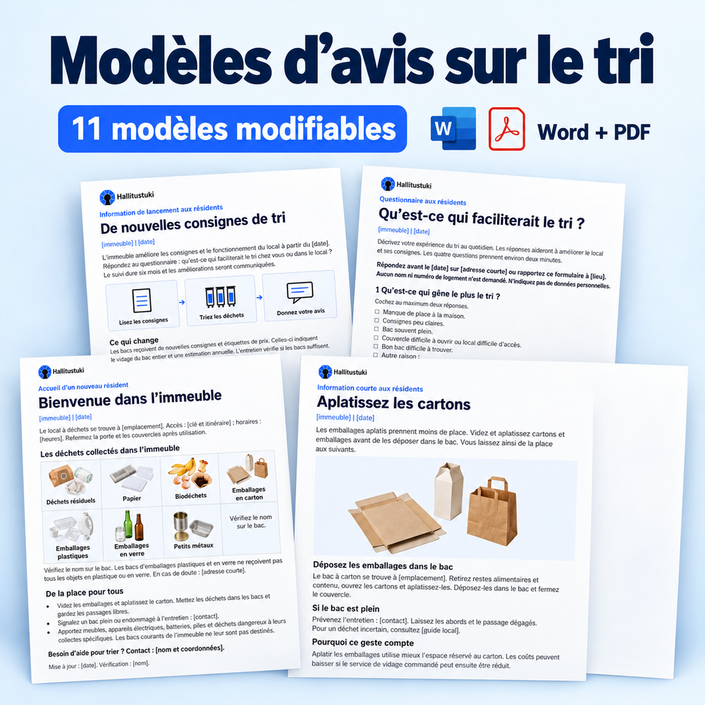11 modèles modifiables d’avis et de fiches de travail sur le tri, en Word et PDF ; plusieurs exemples sont présentés.