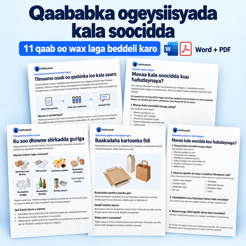 11 qaab oo wax laga beddeli karo oo loogu talagalay ogeysiisyada iyo shaqada kala soocidda, Word iyo PDF; dhowr tusaale ayaa muuqda.