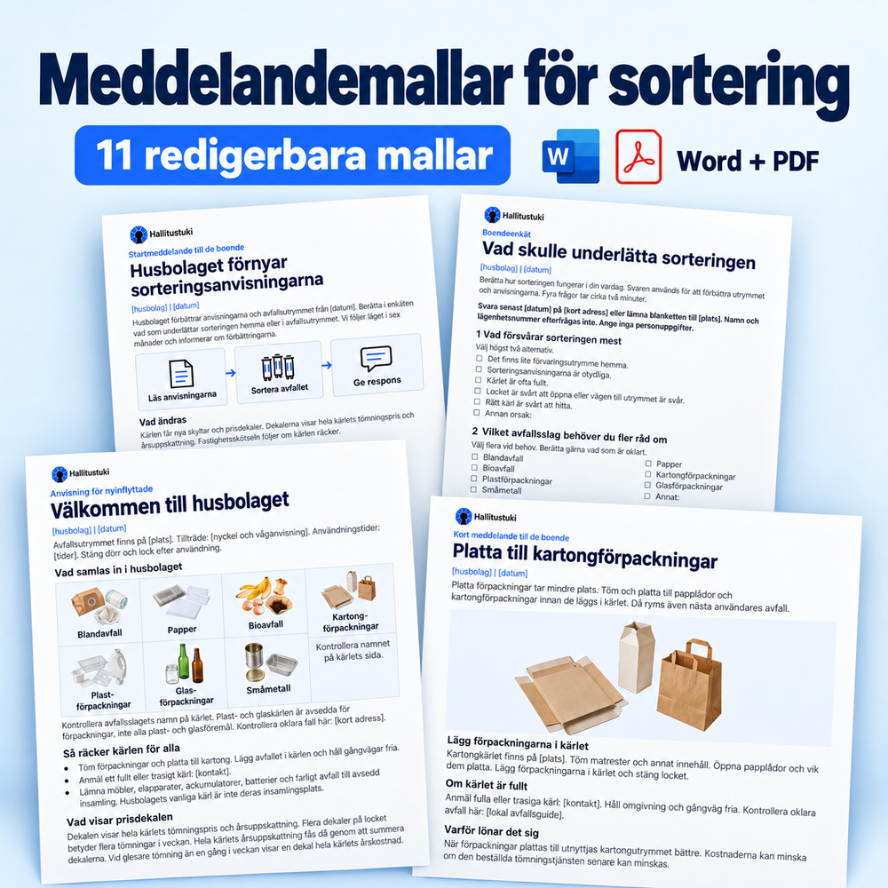 11 redigerbara meddelande- och arbetsmallar för sortering i Word och PDF; flera exempelsidor visas.