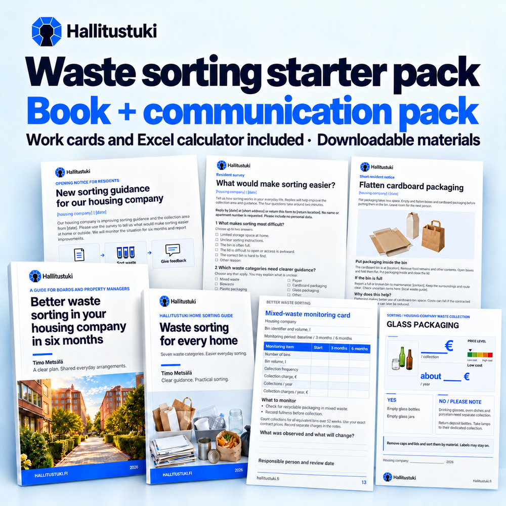 Waste-sorting starter pack with a book, resident guide, notices, stickers, A4 signs, work cards and Excel calculator.