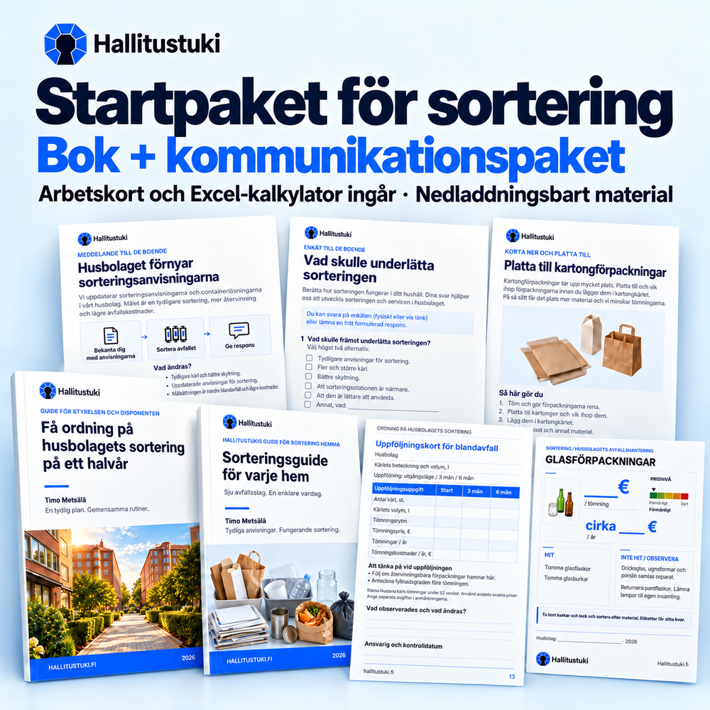 Startpaket för sortering med bok, boendeguide, meddelandemallar, dekaler, A4-skyltar, arbetskort och Excel-kalkylator.