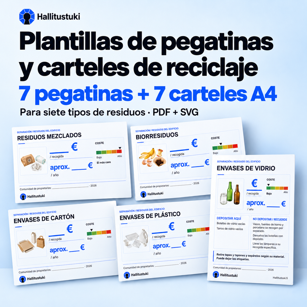 Plantillas para siete tipos de residuos: 7 pegatinas y 7 carteles A4.