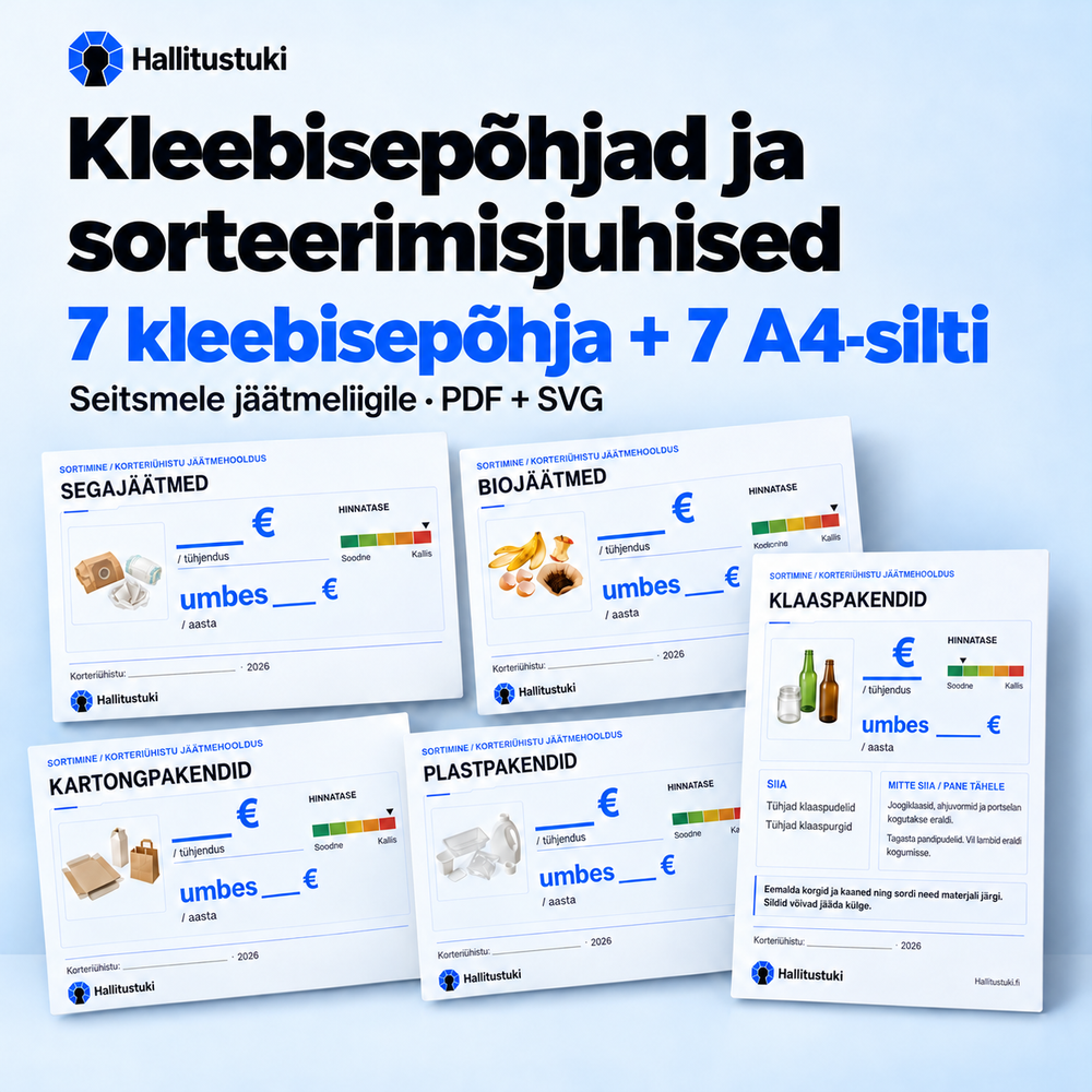 Seitsme jäätmeliigi kleebise- ja sildipõhjad: 7 kleebisepõhja ja 7 A4-silti.