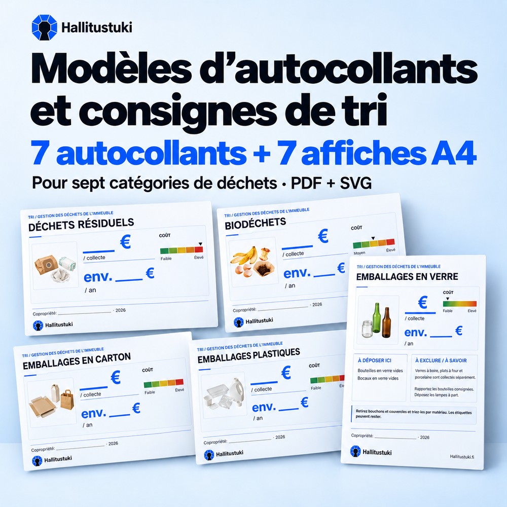 Modèles pour sept catégories de déchets : 7 autocollants et 7 affiches A4.