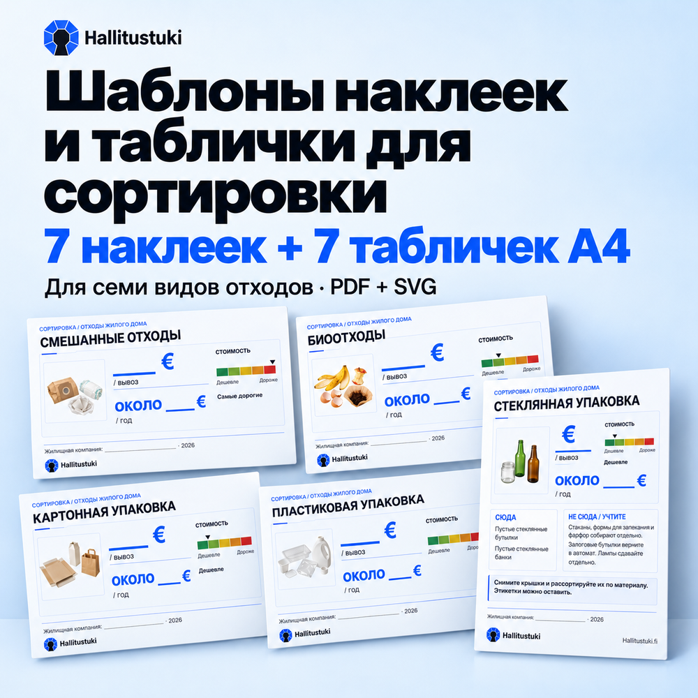 Шаблоны для семи видов отходов: 7 наклеек и 7 табличек формата A4.
