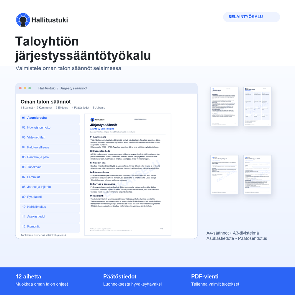 Hallitustuki – järjestyssääntötyökalu ja neljä PDF-tuotosta