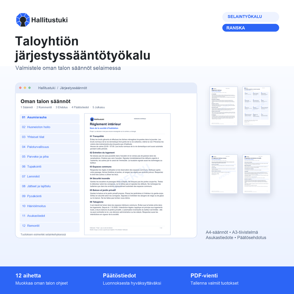 Järjestyssääntötyökalun 12 aihetta havainnollistavassa selainkehyksessä ja neljä oikeaa tulostenäytettä. Aineiston kieli: Ranska.