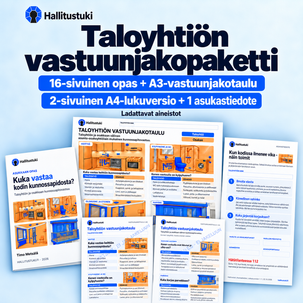 Taloyhtiön vastuunjakopaketti: 16-sivuinen opas, A3-vastuunjakotaulu, 2-sivuinen A4-lukuversio ja yksi asukastiedote.