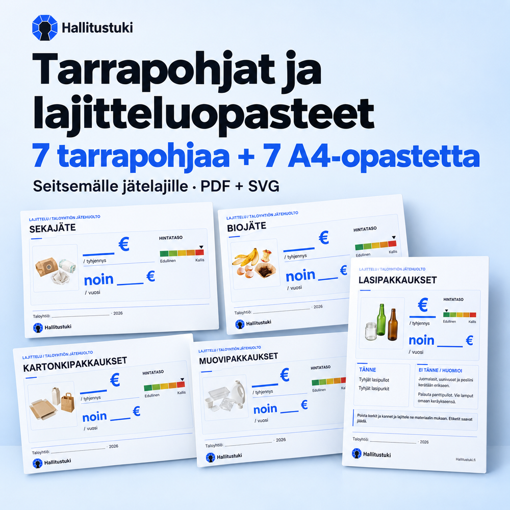 Hallitustuen tarrapohjat ja lajitteluopasteet: esimerkkejä eri jätelajeille, yhteensä 7 kansitarrapohjaa ja 7 A4-lajitteluopastetta.